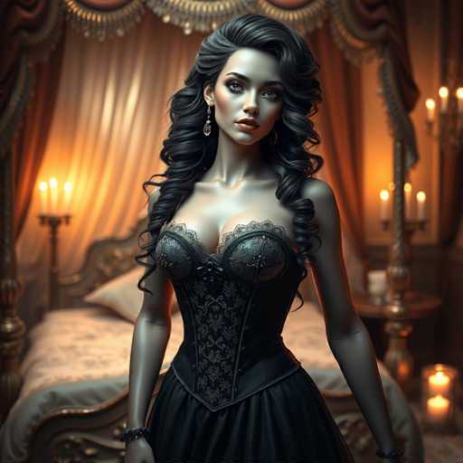 The image depicts a highly realistic, AI-generated portrayal of a woman standing in a sumptuous bedroom. The woman, who appears to be around 25 years old, has long, wavy black hair cascading down to her chest. She is dressed in a black corset with intricate lace detailing and a flowing skirt, complemented by long, dangly earrings. Her expression is serious, and she gazes slightly to the right of the viewer.

The bedroom exudes an old-fashioned, Victorian ambiance, characterized by rich, warm tones of orange and red. The bed behind her is ornate, with a wooden frame and a canopy adorned with flowing curtains. Candles in candlesticks are placed on both sides of the bed, casting a soft glow that enhances the room's luxurious feel. The bed itself is made up with a white comforter and a gray blanket, adding to the overall elegance of the scene.