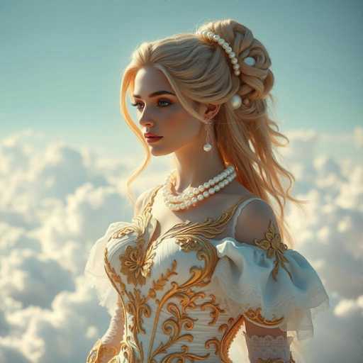 This image features a stunning, AI-generated portrait of a woman with long, flowing blonde hair. Her hair is elegantly styled with a braid that gracefully drapes over her shoulder, adorned with a delicate string of pearls. She has striking blue eyes and is wearing a double strand of pearls around her neck, complemented by long, dangling pearl earrings. Her attire is a beautiful white dress embellished with intricate gold embroidery, featuring a low-cut neckline and puffy sleeves that add a touch of whimsy. The dress is further accentuated by a corset-like bodice, also adorned with gold detailing. The background is a serene blue sky dotted with fluffy white clouds, enhancing the ethereal quality of the portrait. The woman's face is turned slightly to the left, giving the impression that she is gazing into the distance, adding a sense of mystery and depth to the image.