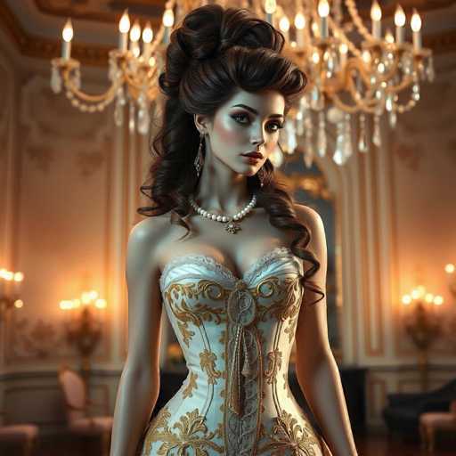 This image features a stunning woman with dark brown hair styled in an elaborate updo. Her hair cascades down her back, with some strands elegantly draped over her shoulder. She is adorned with a pearl necklace that has a pendant, and she wears long, dangling earrings. Her attire is a strapless corset that accentuates her figure, with a lacy top and intricate gold embroidery. The corset is laced up the front, adding to its vintage charm. She has fair skin, striking blue eyes, and wears bold red lipstick. The background is a bit blurry but reveals a grand chandelier hanging from the ceiling, and the walls are painted white with gold trim. The room is illuminated by several candelabras, adding a touch of elegance to the scene.