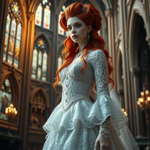 The image depicts a highly detailed, computer-generated or AI-generated scene of a woman standing in the center of a grand, ornate church. The church's interior features intricate stained glass windows on the left side, with a mix of blue, yellow, and orange hues. The walls are adorned with elaborate carvings and arches, adding to the majestic atmosphere. In the background, candelabras with lit candles can be seen, enhancing the church's serene ambiance.

The woman, who is the focal point of the image, has striking red hair styled in a poofy updo with long, curly strands cascading down her shoulders. She is wearing a white, lacy dress that appears to be a wedding gown, complete with a train trailing behind her. Her dress is intricately designed with floral patterns and features a corset-like bodice. She accessorizes with long, dangling earrings, a silver necklace, and a bracelet on her left wrist. Her makeup is meticulously applied, with red lipstick and blue eyes, and she gazes directly at the viewer with a composed expression. The overall composition of the image exudes a sense of elegance and grandeur, blending detailed artistry with a serene, reverent setting.