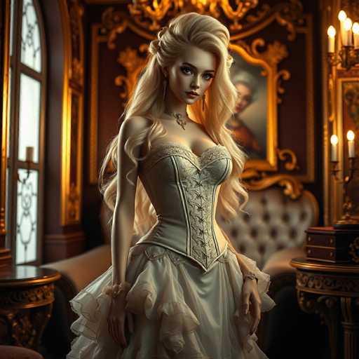 A woman with blonde hair is standing in a room filled with gold and red hues. She is wearing a white dress that has ruffles on the skirt and a corset underneath it. The room features a large window draped with curtains, allowing natural light to enter. A chandelier hangs from the ceiling, casting a warm glow throughout the space. In front of her stands a bookshelf filled with various items.