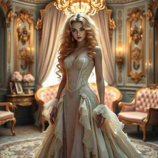 A stunning woman stands gracefully in an opulent room, exuding elegance and poise. She is adorned in a luxurious white gown that features intricate lace detailing on the bodice, which is designed with a deep V-neckline that plunges down to her waist. The dress is form-fitting, accentuating her figure, and transitions into a voluminous skirt that flares out dramatically at the bottom. The skirt is embellished with delicate lace ruffles that cascade from the waistband, adding a touch of ethereal beauty to her ensemble.

Her long, curly blonde hair cascades down, framing her face and adding to her regal appearance. She gazes directly at the camera with a serene expression, her blue eyes standing out vividly against her fair complexion. Her lips are painted a soft pink, complementing her overall look of refined grace.

The room around her is equally grand, with walls adorned in a light blue hue and intricate gold designs that add a sense of opulence. A large window behind her is dressed with elegant curtains, allowing natural light to filter into the space. To her left, a table holds a vase filled with pink flowers, adding a touch of softness to the sophisticated setting. The floor is covered with a plush carpet, and several ornate chairs are arranged around her, further emphasizing the room's luxurious atmosphere.