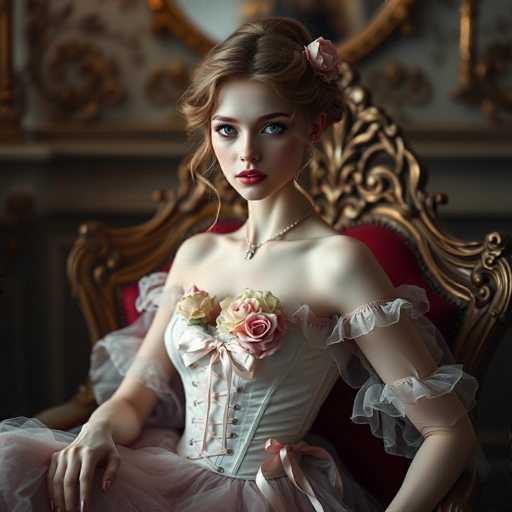 The image depicts a young woman, likely in her late teens or early twenties, seated on an ornate, gold throne-like chair with a red cushion. She has fair skin and striking blue eyes, accentuated by her red lipstick. Her brown hair is styled in an updo with a few loose curls framing her face. A pink rose adorns her hair, complementing the floral theme of her outfit. She wears a white corset with pink bows and ruffles, a pink skirt, and a pearl necklace with a pendant. Her pose is relaxed, with her left arm resting on the chair's armrest and her right hand on her lap. The background is blurred, featuring a white wall with gold trim and a large, indistinct gold object. The overall scene exudes a sense of elegance and grandeur, reminiscent of a ballroom or a castle setting.