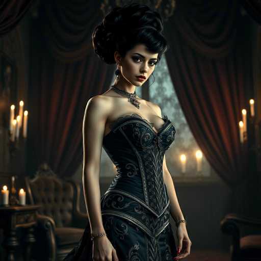 The image portrays a strikingly beautiful woman with dark, voluminous hair styled in an elaborate updo. She is adorned with a choker necklace featuring a prominent red jewel at its center. Her attire is a strapless, black dress embellished with intricate silver swirls and patterns, accentuating her figure. The dress includes a corset-like bodice that adds to its elegance. She accessorizes with bracelets on both wrists and dangling earrings, completing her sophisticated look.

The woman stands in a dimly lit room, which is softly illuminated by the glow of candles. Behind her, a large window draped with rich red curtains allows a glimpse of the outside, where trees are faintly visible. The room is furnished with a couple of chairs and a small table, adding to the intimate and refined atmosphere. The overall ambiance is one of quiet elegance and timeless beauty.