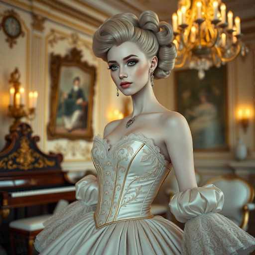 A woman with blonde hair and a white dress stands in front of a chandelier in an opulent room. The room is decorated with gold accents and paintings on the walls, creating an atmosphere of grandeur and luxury.