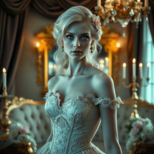 This image depicts a strikingly beautiful woman with an ethereal appearance, reminiscent of a ballerina or a character from a fantasy movie. She has long, flowing blonde hair adorned with a delicate pink flower on the left side. Her complexion is fair, and she has captivating blue eyes that seem to gaze directly into the viewer's soul. Her lips are painted a soft pink, adding to her delicate allure.

She is dressed in an elegant white gown that features intricate floral patterns and lace detailing. The dress is off-the-shoulder, with a deep neckline that accentuates her graceful figure. Her shoulders are bare, and the dress appears to be form-fitting, highlighting her slender arms.

The background is richly decorated, suggesting a grand ballroom or opulent room. A large, ornate mirror with a gold frame hangs on the wall behind her, reflecting the room's splendor. To the right, a window with dark brown curtains allows a sliver of light to filter through, adding depth to the scene. A chandelier with a gold frame and white accents hangs from the ceiling, casting a warm glow over the room.

On the left side of the image, a lit candle in a gold holder adds a touch of romance and warmth. The wall behind her is painted a soft gray, providing a neutral backdrop that makes her figure stand out even more. A white couch with a gold frame is visible, adorned with a bouquet of pink and white flowers, further enhancing the room's luxurious atmosphere.

Overall, the image exudes a sense of elegance, mystery, and timeless beauty, capturing the viewer's attention with its detailed and richly textured composition.