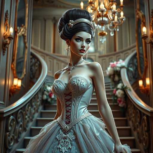The image depicts a highly detailed, computer-generated illustration of a woman standing in an opulent mansion. She is positioned in front of a grand, spiral staircase adorned with gold accents and illuminated by wall sconces. The staircase features a landing with a large mirror, adding to the luxurious ambiance. The woman is dressed in an elaborate white gown reminiscent of a wedding dress, complete with a corset-like bodice and a voluminous skirt. Her dark hair is styled in an elegant updo, accentuated by a silver headband and a decorative brooch. She wears long, dangling earrings and a diamond-like necklace, further enhancing her sophisticated appearance. Her makeup is meticulously applied, featuring bright red lipstick and dark eyebrows. The overall scene exudes a sense of grandeur and elegance, with the woman's attire and the ornate surroundings creating a striking visual contrast.