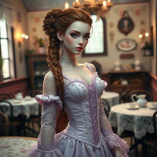 This image depicts a young woman with striking features, standing in the center of a quaint, old-fashioned room. She has long, reddish-brown hair styled into a braid that cascades over her right shoulder, with the rest of her hair pulled back into a bun. Her complexion is fair, and she has captivating blue eyes accentuated by dark eyebrows and eyeliner. Her lips are painted a vivid red, and she wears a delicate silver choker around her neck.

Her attire is a light purple corset dress, adorned with darker purple flowers and intricate lace detailing. The dress features puffy sleeves that extend to her elbows, with additional lace embellishments at the cuffs. The corset laces up the front, adding to the vintage charm of her outfit.

The room around her exudes a nostalgic, old-timey atmosphere. The walls are decorated with various paintings and pictures, and the ceiling is painted a soft blue. A chandelier hangs from the ceiling, casting a warm glow over the space. The room is furnished with several round tables, each covered with white tablecloths and set with teapots, cups, and saucers. The tables are surrounded by dark brown wooden chairs, enhancing the room's classic feel. The overall ambiance suggests a cozy, perhaps slightly eerie, old-fashioned parlor or dining room.