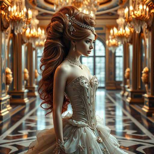 A woman with long red hair is standing in a grand room filled with gold and white decorations. She is wearing a white dress that features a ruffled skirt and a large headpiece adorned with pearls. The woman's pose suggests she is posing for the camera, and her gaze is directed off to the side.