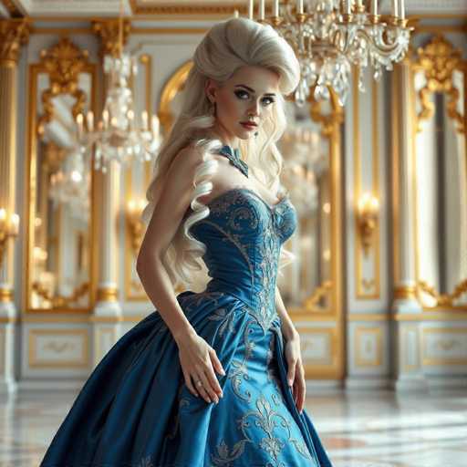 A woman with blonde hair is standing in a grand room adorned with gold accents and mirrors on the walls. She is wearing a blue dress that features intricate embroidery along the bodice and skirt. The woman's pose suggests she is posing for the camera, her gaze directed towards it.
