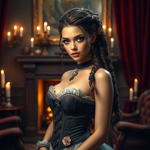 This image portrays a young woman, likely in her late teens or early twenties, with long, dark brown hair styled in a braid that drapes over her shoulder. She has striking blue eyes and is adorned with a choker necklace featuring a pendant. Her attire is reminiscent of Victorian fashion, consisting of a corset with a lacy top and a skirt that is partially visible. The corset is accentuated with a rose on the side and has a ribbon tied in a bow at the front. 

The setting appears to be a Victorian-era room, characterized by a fireplace with a mantle adorned with candles. The walls are painted a dark gray, and the room is filled with numerous lit candles, creating a warm, intimate ambiance. To the right of the fireplace, there is a chair, and to the left, a table. The overall scene exudes a sense of historical elegance and romanticism.