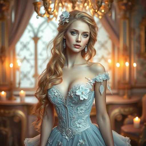 This image depicts a highly realistic, AI-generated portrayal of a young woman in her 20s, standing in a luxurious, ornate room. She has long, wavy blonde hair adorned with a white flower on the left side. Her blue eyes and full lips are accentuated by her fair complexion. She is wearing a light blue, off-the-shoulder dress with intricate floral embroidery and lace detailing, including a prominent white flower on the left side of her chest. The dress features a corset-like bodice and a voluminous skirt. She accessorizes with long, dangling earrings that resemble leaves. The background reveals a grand, opulent setting with a large window framed by pink curtains, a chandelier, and several lit candles on a table, enhancing the image's realistic and detailed appearance.