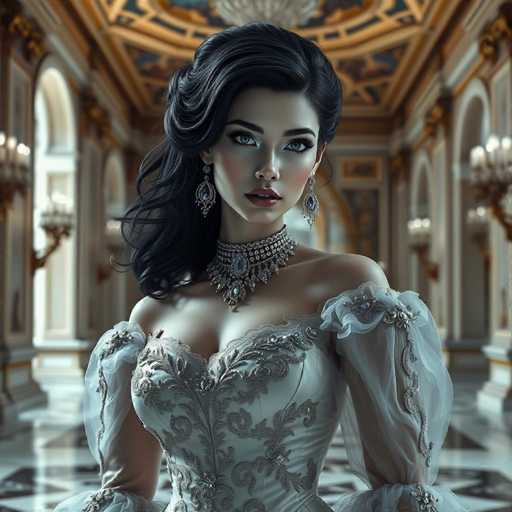 A woman with long dark hair is standing in a grand room with white walls and gold accents. She is wearing a white dress with intricate silver embroidery on the bodice and a necklace made of blue jewels around her neck. The woman's gaze is directed straight at the camera, creating an engaging portrait.