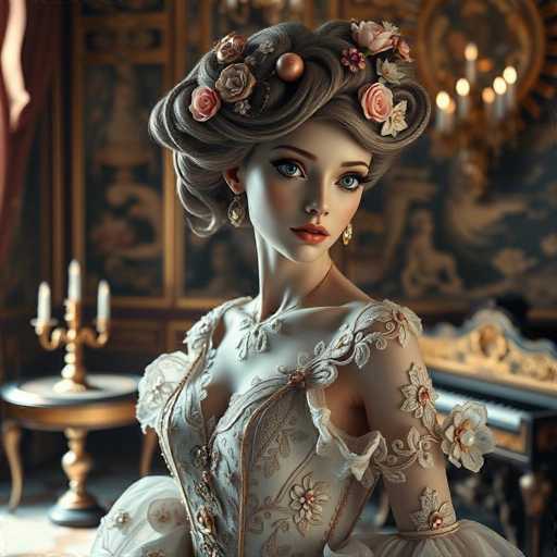 The image depicts a highly detailed, computer-generated scene of a woman in a grand, opulent room. The woman, who appears to be a white female with striking blue eyes and red lips, is dressed in an elaborate, off-the-shoulder gown adorned with intricate floral patterns and gold accents. Her hair is styled in a sophisticated updo, featuring a mix of gray and brown hues, and is adorned with various flowers, including pink roses and white blooms. She wears dangling earrings and a gold necklace, adding to her regal appearance.

The room itself exudes grandeur, with a large chandelier hanging from the ceiling and a grand piano positioned in the background. The walls are adorned with large, ornate paintings, and a candelabra sits on a table to the left. The floor is covered with a luxurious carpet, enhancing the room's opulent atmosphere. The overall scene is rich in detail, suggesting a high level of craftsmanship and attention to realism, characteristic of advanced computer-generated imagery.