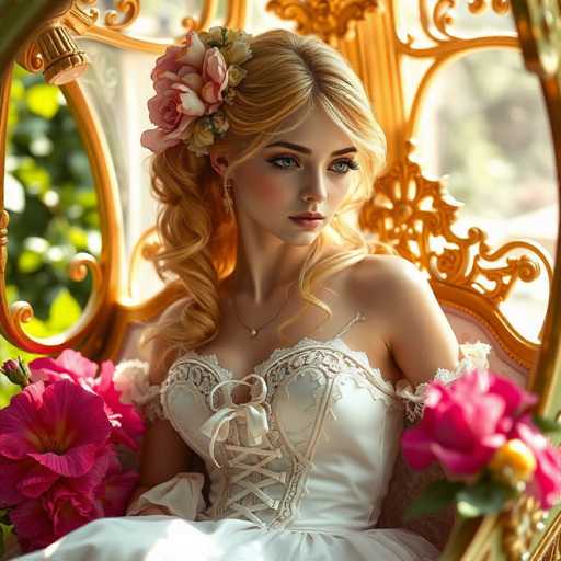 This image portrays a young woman with blonde hair styled in a side ponytail, adorned with pink and white flowers. She has blue eyes and is wearing a white corset with lacing up the front, complemented by a necklace. The woman is seated in a chair with a gold frame and white cushioning, surrounded by pink flowers. The background is blurred, revealing hints of greenery and a window. The overall composition suggests a portrait, possibly AI-generated, with a focus on the woman's detailed attire and floral accessories.