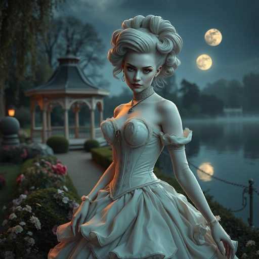 The image depicts a computer-generated, cartoon-like scene featuring a woman in a white wedding dress standing in a lush garden. The woman, who has white hair styled in an elaborate updo, is adorned with a choker necklace and a pendant. She wears a corset-like top with puffy sleeves and a voluminous skirt. Her expression is serious, and she gazes directly at the viewer. Surrounding her are vibrant flowers, including pink roses and white blooms. To her left, a gazebo with a pointed roof is visible, and a pathway leads to a body of water, possibly a pond or lake. The water reflects two full moons, creating a mystical atmosphere. In the background, trees and a chain-link fence can be seen, adding depth to the serene and enchanting setting.