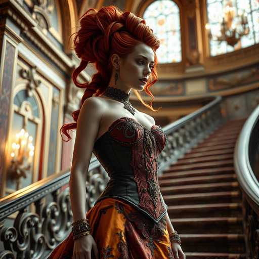 This image depicts a strikingly realistic AI-generated artwork of a woman standing in an opulent, grand interior. The woman, with her pale skin and vibrant red hair styled in an elaborate updo with cascading curls, exudes a sense of elegance and mystery. She is adorned in a corset-like top that is black and red, paired with a flowing skirt in shades of orange and red. Her ensemble is complemented by multiple pieces of jewelry, including a choker necklace, earrings, and bracelets on both wrists. She gazes thoughtfully to the right, her expression serene yet enigmatic.

The setting around her is equally grand, featuring a large, ornate staircase with intricately designed railings. The walls are adorned with elaborate gold and blue patterns, adding to the luxurious atmosphere. Stained glass windows and a chandelier hanging from the ceiling further enhance the room's majestic ambiance. The overall scene is richly detailed, creating a vivid and immersive visual experience.