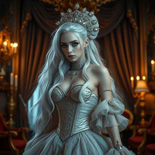 This image features a strikingly beautiful woman with long, flowing white hair that cascades down to her waist. She is adorned in an elaborate white dress that exudes elegance and sophistication. The dress is intricately designed with a bustier top that accentuates her figure, and it features a voluminous skirt that adds to its grandeur. Around her neck, she wears a choker necklace that complements her regal appearance. Her face is framed by a majestic crown, adding a touch of royalty to her ensemble. The background is softly blurred, drawing attention to her as the focal point of the image. The overall composition highlights her ethereal beauty and regal presence.