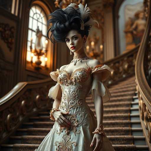 The image depicts a highly detailed, computer-generated scene of a woman standing in an opulent mansion. She is positioned at the center of the frame, wearing an elaborate white dress adorned with intricate gold embroidery and lace. The dress features puffy sleeves that taper off into delicate white fabric, and it is complemented by a choker necklace and dangling earrings. Her dark hair is styled in an elaborate updo, accentuated by large white feathers. She has striking red lips and is holding her right hand in front of her stomach, while her left hand rests by her side.

The setting is a grand mansion with a staircase behind her, featuring brown steps and a gold railing. The walls are white, and the room is illuminated by a chandelier hanging from the ceiling. To the left of the woman, there is a large window with a candle holder beneath it, and to the right, a painting of a woman can be seen. The overall ambiance of the image is one of elegance and luxury, with the woman appearing to be a central figure in this richly detailed environment.