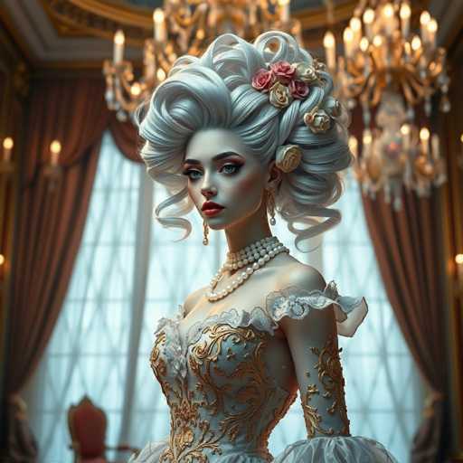 This image depicts a highly detailed, computer-generated illustration of a woman with an elaborate, old-fashioned hairstyle. Her hair is a striking white, styled into a voluminous updo with intricate curls and waves. Adorning her hair are numerous flowers, including pink roses and white blooms, adding a touch of natural elegance.

The woman's face is strikingly pale, with a sharp jawline and a pointed chin. Her eyes are a vivid blue, framed by dark eyebrows and accentuated with heavy eye makeup. Her lips are painted a bold red, and she wears long, dangling earrings that add to her sophisticated appearance.

Her attire is equally elaborate, featuring a white dress with intricate gold embroidery. The dress has a low-cut neckline and is off-the-shoulder, with puffy sleeves that extend to her elbows. A double strand of pearls graces her neck, further enhancing her regal look.

The background suggests a grand, opulent setting, possibly a ballroom. Large windows with white curtains and brown drapes are visible, along with a chandelier hanging from the ceiling. The overall ambiance is one of luxury and elegance, perfectly complementing the woman's elaborate appearance.