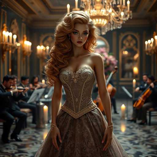 In this captivating image, a woman with long, wavy blonde hair stands gracefully in the center of an opulent ballroom. She is adorned in a stunning, low-cut dress that accentuates her elegant figure. The dress features intricate gold and silver embellishments, with a prominent silver flower at the center of her chest. The bodice is form-fitting, highlighting her curves, while the skirt flares out into a voluminous, flowing silhouette. Her arms rest naturally at her sides, and she wears delicate bracelets on both wrists.

The ballroom around her exudes grandeur, with a chandelier hanging from the ceiling and numerous candles illuminating the space. In the background, a symphony is in full swing, with musicians playing violins and cellos. The room is adorned with a large bouquet of pink flowers, adding a touch of color to the scene. The floor is covered in a luxurious carpet with a black and white pattern, completing the elegant and sophisticated atmosphere.