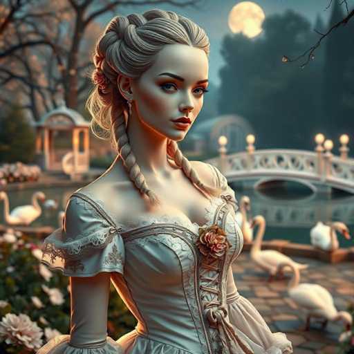 The image depicts a highly detailed, computer-generated scene of a young woman standing in a picturesque garden at night. She is dressed in a Victorian-style, white satin gown with intricate lace details and a corset laced up the front. Her blonde hair is styled in a braid that drapes over her shoulder, and she wears a pink flower in her hair. The woman has blue eyes and is looking directly at the viewer with a serious expression.

The setting is a romantic garden with a stone pathway and a small white stone bridge in the background. The bridge is adorned with lights and leads to a gazebo. Surrounding the woman are white swans gliding on a pond, and the garden is filled with lush greenery and pink flowers. The night sky is illuminated by a full moon, casting a soft glow over the scene. The overall atmosphere is serene and enchanting, with the woman appearing as though she has just stepped out of a historical novel or a fantasy world.