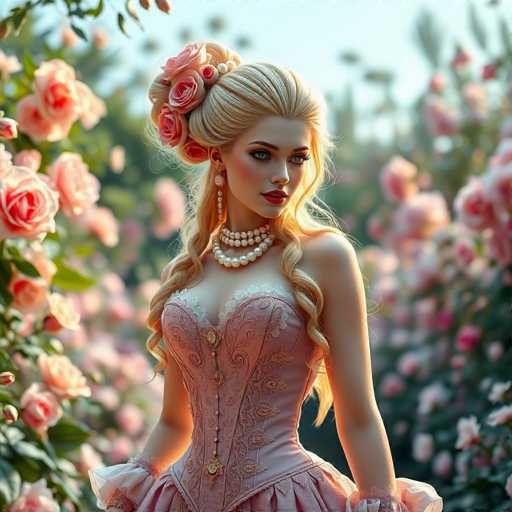 A woman with blonde hair wearing a pink corset and pearl necklace stands in front of a garden filled with pink roses.