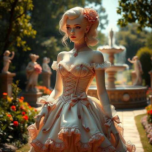 The image depicts a highly detailed, computer-generated scene of a woman standing in a lush garden. The woman, who appears to be a white female, has blonde hair styled in a 1950s fashion, with a large pink flower adorning her hair. She is dressed in a vintage-style, white dress with pink accents, featuring a corset top and a full skirt. The dress is adorned with pink bows on the sleeves and a pink bow at the waist, complemented by a pink choker necklace. Her makeup is striking, with pink lipstick and pink eyeshadow, and she wears long earrings.

The background showcases a vibrant garden with green grass and an array of colorful flowers, including red, pink, and yellow blooms. To the left of the woman, there is a large bush with red flowers, and behind her, a stone pathway leads to a grand fountain. The fountain is surrounded by statues of women, each holding pink flowers, and the water cascades from the top of the fountain. The sky above is a clear blue, adding to the serene and picturesque atmosphere of the scene.