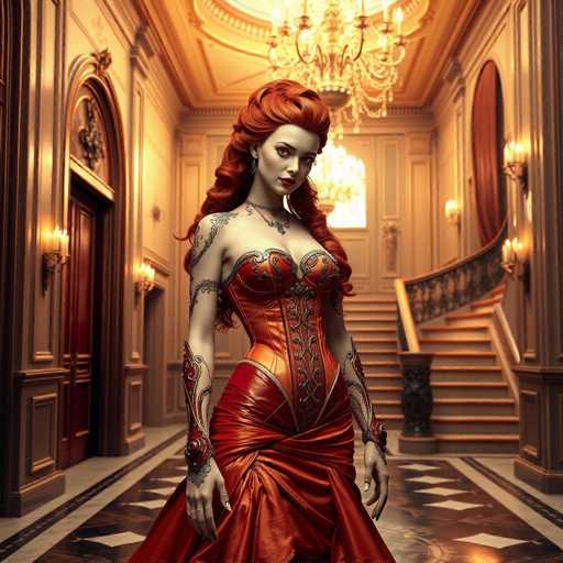 In this captivating image, a woman with striking red hair stands gracefully in the grand foyer of an opulent mansion. She is adorned in a stunning red dress that features intricate black lace detailing along the shoulders and arms, adding a touch of elegance to her ensemble. The dress is form-fitting, accentuating her figure, and transitions into a flowing skirt at the waist. The foyer itself is a marvel of architectural beauty, with a grand staircase that ascends to the right, leading to an upper level. The floor beneath her is a rich brown, embellished with a diamond pattern that adds texture and depth to the space. A magnificent chandelier hangs from the ceiling, casting a warm glow over the room. The walls are painted a soft beige, providing a neutral backdrop that allows the other elements to shine. To the left, a door is visible, hinting at the further rooms beyond. The overall ambiance of the image is one of luxury and sophistication, perfectly captured in this moment.