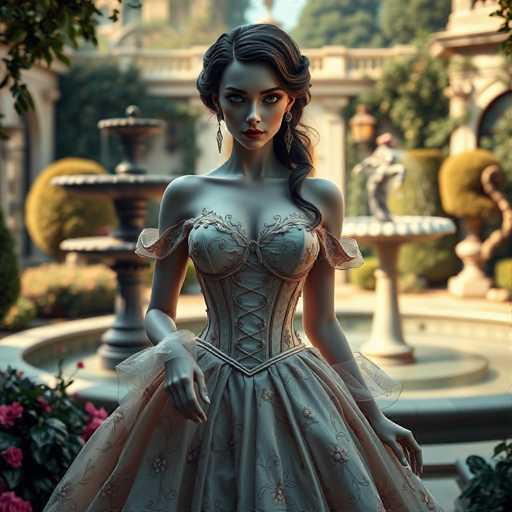 The image depicts a highly detailed and realistic scene, likely from a video game or a computer-generated artwork. The central focus is a woman standing in front of a grand, ornate fountain. She is dressed in an elaborate gown that features a light blue or grayish hue adorned with intricate floral patterns. The dress is form-fitting, accentuating her figure, and includes a corset-like top with laces crisscrossing down the front. The gown's skirt is voluminous and flowing, with delicate lace details at the edges. 

The woman has long, dark brown hair that is elegantly styled, with some strands cascading over her shoulder. Her complexion is fair, and she has striking blue eyes, complemented by red lipstick. She is adorned with long, dangling earrings that add to her regal appearance. 

The fountain behind her is a grand structure, featuring a central column with water spouting from the top. Surrounding the fountain are lush green plants, including bushes and trees, adding to the scene's opulent and serene atmosphere.