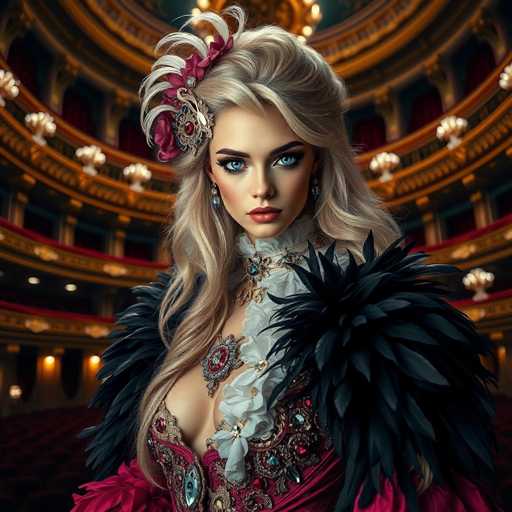 The image depicts a highly detailed, computer-generated illustration of a young woman, likely in her 20s, with long blonde hair adorned with a red flower and white feathers. She has striking blue eyes, dark eyebrows, and is wearing red lipstick. Her attire is elaborate, featuring a low-cut, red dress with intricate gold and silver embellishments, including jewels and feathers. The dress has a white frill around her neck and shoulders, and black feathered epaulets. The background suggests she is in a grand, ornate theater, reminiscent of the 1800s, with multiple levels of balconies, each adorned with red curtains and gold trim. The theater's architecture includes a dome ceiling with lights, adding to the opulent atmosphere. The woman is looking directly at the viewer, her expression neutral, with a hint of a smile.