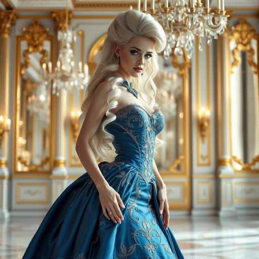 A stunning, AI-generated image features a woman with long, flowing blonde hair styled in a voluminous 1950s fashion. She is adorned in a strapless, blue dress that accentuates her figure, with intricate silver embroidery adding a touch of elegance. The dress flares out at the bottom, creating a dramatic silhouette. Her makeup is meticulously applied, with bold red lipstick and dark, defined eyebrows that frame her expressive eyes. She wears a ring on her right hand, adding a subtle detail to her poised stance. The background is a luxurious white room, embellished with gold accents and multiple chandeliers, enhancing the opulent atmosphere. The woman gazes directly at the camera, exuding confidence and grace.