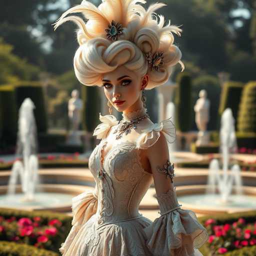 This image features a strikingly realistic, computer-generated depiction of a woman with an elaborate, voluminous hairstyle. Her hair is a blend of blonde and white, styled into large, intricate curls that resemble feathers. Adorning her hair are two prominent flowers, one at the front and another at the back, each with a central blue gemstone surrounded by smaller stones.

The woman's face is framed by thick, dark eyebrows and long eyelashes, complementing her red lips and pale skin. She wears a white dress with a deep neckline, embellished with intricate lace and floral patterns. The dress has puffy sleeves that extend to her elbows, and a high collar that sits just below her neck. A large, ornate necklace with blue and white stones rests around her neck, adding to her regal appearance.

Her left arm is adorned with a silver bracelet featuring a central flower design. The background is a lush garden setting, with a circular fountain on either side of her, water cascading from its center. Surrounding the fountain are vibrant red flowers and neatly trimmed hedges. In the distance, two white statues stand on pedestals, adding to the grandeur of the scene.