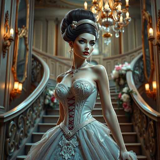 A woman is standing on a staircase with a large chandelier hanging above her head and a floral arrangement at the bottom of the stairs. She is wearing a white ball gown with a red ribbon corset and a tiara.
