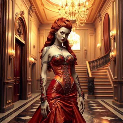 A woman with red hair and a red dress stands in front of a large window in an ornate room. The room is decorated with gold accents and has a chandelier hanging from the ceiling.