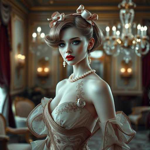 This image portrays a strikingly realistic, AI-generated depiction of a woman in her 20s, set against the backdrop of an opulent Victorian-style room. The woman, with her porcelain-like skin and meticulously styled hair adorned with pink ribbons, exudes an air of elegance and sophistication. Her makeup is impeccably applied, featuring bold red lipstick and dramatic eye shadow that accentuates her blue eyes. She is dressed in a luxurious, low-cut gown that reveals her shoulders and chest, embellished with intricate gold embroidery and a prominent rose on the left side. The dress, which appears to be made of a delicate, gauzy fabric, is cinched at the waist with a sash. She accessorizes with a string of pearls around her neck and dangling earrings, adding to her refined appearance. The background, though blurred, reveals a grand chandelier, ornate mirrors, and gold-framed chairs, enhancing the sense of opulence and historical ambiance.