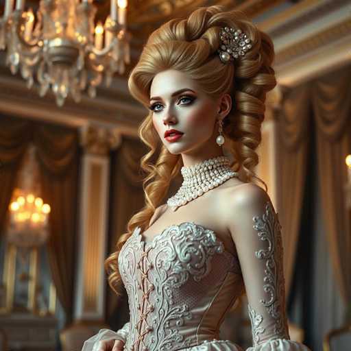 This image features a stunningly beautiful woman with fair skin and striking blue eyes. Her hair is a rich golden brown, styled in an elaborate updo with intricate curls and waves cascading down the sides of her face. She is adorned with a sparkling diamond and pearl hair clip, adding an extra touch of elegance to her look. Her makeup is meticulously applied, with bold red lipstick that complements her fair complexion.

She is wearing a luxurious white dress, intricately designed with floral patterns and featuring a corset-like bodice. The dress is sleeveless, with delicate lace detailing that extends from her shoulders down to her wrists. Around her neck, she wears a lavish multi-layered pearl choker, adding to the opulence of her attire.

The background suggests a grand, ornate setting, possibly a ballroom or a luxurious room in a mansion. The walls are adorned with dark brown curtains, and a chandelier hangs from the ceiling, casting a warm glow over the scene. The overall ambiance is one of elegance and sophistication, perfectly complementing the woman's exquisite appearance.