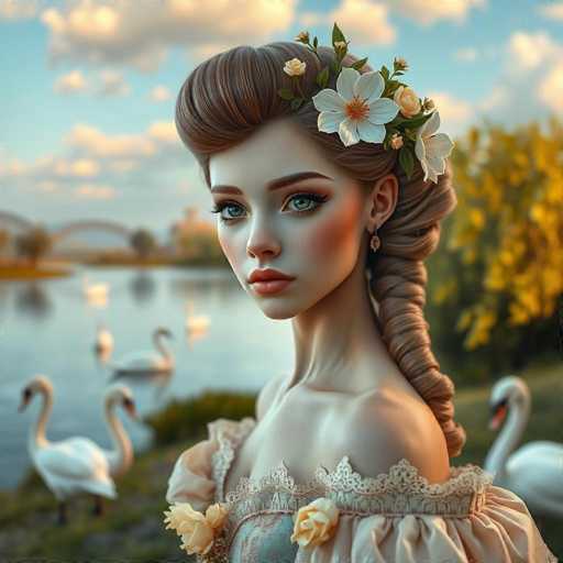 A woman with long brown hair and a flower crown on her head is the main subject of this image. She is wearing a white dress that has lace detailing and is standing next to a body of water where several swans are swimming. The background features trees and a bridge in the distance, creating an overall serene and picturesque setting for the woman's portrait.