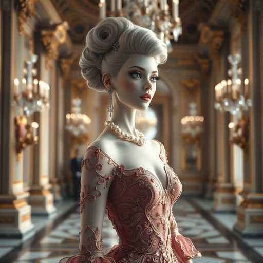 The image depicts a highly detailed, computer-generated illustration of a woman standing in an opulent hallway. The woman, who appears to be Caucasian, has strikingly pale skin and is adorned with a pearl necklace and long, dangling earrings. Her hair is styled in an elaborate updo, reminiscent of a 1920s flapper, with a large bun at the back and a bang sweeping across her forehead. She wears a pink dress with intricate swirls and floral patterns, featuring a deep V-neckline that reveals some cleavage. The dress is sleeveless, with a slight puff at the elbows. Her makeup is meticulously applied, with red lipstick, blush on her cheeks, and dark eyeshadow accentuating her blue eyes. She gazes off to the right, her expression serene and composed.

The hallway behind her is grand and ornate, with a black and white marble floor and walls adorned with gold accents. Chandeliers hang from the ceiling, casting a warm glow throughout the space. The walls are lined with tall, white pillars, and the ceiling is domed, adding to the room's majestic atmosphere. In the background, a man in a black suit stands in a doorway, though he is slightly out of focus. The overall scene exudes a sense of luxury and elegance, with the woman as the central focus of the image.