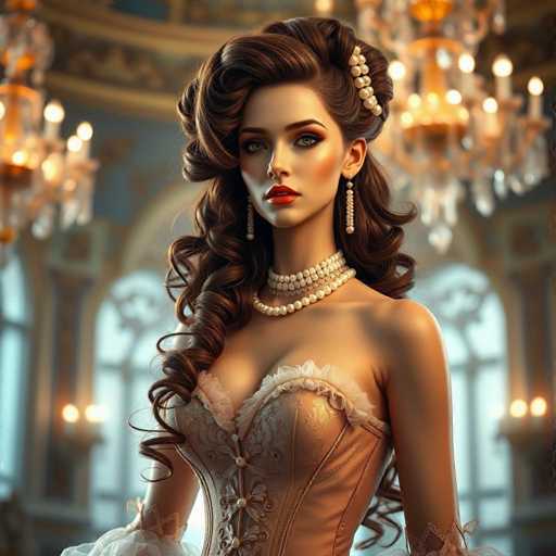 The image shows a woman with long brown hair wearing a corset and pearl necklace. She is standing against the backdrop of an ornate room filled with chandeliers that cast a warm glow throughout the space. The woman's pose suggests she is posing for the photo, possibly in front of a mirror or a window.