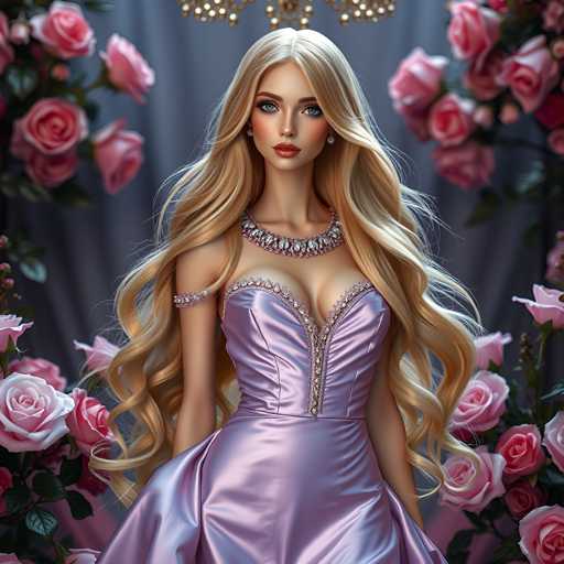 The image shows a woman with blonde hair wearing a purple dress and necklace standing in front of a large floral arrangement of pink roses. The background is dark blue, providing a contrast to the vibrant colors of the flowers.