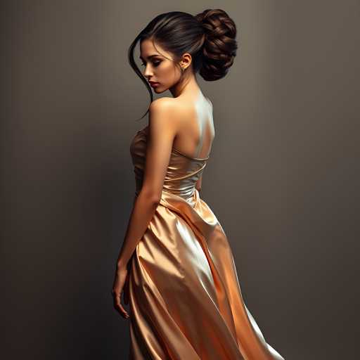A woman with long brown hair is captured from behind and turned around on her side against a gray background. She is wearing a gold dress that falls just below her knees, creating an elegant silhouette. The simplicity of the image focuses attention on the woman's form and style rather than any additional elements or distractions in the scene.