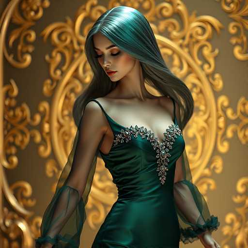 This image features a strikingly beautiful woman with long, flowing hair that transitions from a bluish hue at the top to a darker brown shade at the bottom. She is adorned in a stunning emerald green dress that accentuates her elegant figure. The dress is intricately designed with a V-neckline embellished with what appears to be diamonds or similar gemstones, adding a touch of sparkle. The dress is sleeveless, with delicate straps that rest on her shoulders, and the lower part of the sleeves is made of sheer, see-through fabric, adding an ethereal quality to her attire. The woman's skin is fair, and she has a graceful, poised demeanor. She is looking down, her eyes partially closed, giving her a serene and contemplative expression. The background is a rich brown, adorned with ornate gold designs that resemble intricate swirls and patterns, enhancing the overall luxurious and sophisticated atmosphere of the image.