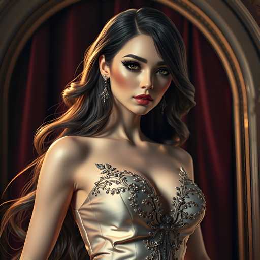 A woman with long dark hair is standing in front of a red curtain and a gold archway. She is wearing a silver dress that has a floral pattern on the bodice and a train trailing behind her skirt. The woman's gaze is directed straight at the camera, creating an engaging portrait.