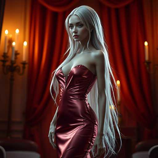A striking image features a woman with long, flowing white hair cascading down to her waist. She is dressed in a form-fitting, red dress that accentuates her figure, particularly highlighting her large bust. The dress is sleeveless, revealing her bare arms. Her expression is serious, with her gaze directed slightly to the left. The background is adorned with a large red curtain, adding a dramatic flair to the scene. On either side of the woman, tall candlesticks with lit candles provide a warm, ambient glow. The woman's white hair contrasts beautifully with her pale skin, creating a captivating visual effect.