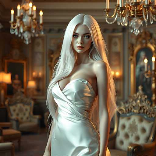 The image depicts a highly realistic, computer-generated woman standing in a luxurious, opulent room. She has long, flowing white hair that cascades down to her waist, with a slight part on the left side. Her striking blue eyes and full lips are accentuated by her pale complexion. She is dressed in a form-fitting, white satin dress that reveals her shoulders and much of her chest, with a unique design that wraps around her left side. The background features an array of gold-framed paintings and ornate chandeliers, adding to the grandeur of the setting. The room is filled with various pieces of furniture, including a chair directly behind her and another to her right. The overall ambiance suggests a high level of detail and realism, characteristic of advanced computer-generated imagery.