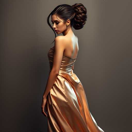 The image depicts a highly realistic, computer-generated rendering of a young woman, likely in her early 20s, with a light complexion and dark brown hair styled in an intricate bun. She is wearing a sleeveless, strapless dress that appears to be made of a shiny, gold or copper fabric, which drapes elegantly around her waist and flows down to the floor. The dress features a backless design with a single strap over her shoulder. The woman is positioned with her back to the viewer, but her head is turned to the left, revealing her profile. Her eyes are closed, and she has a serene expression, with her lips slightly parted. She is adorned with a single earring in her left ear. The background is a solid, dark gray, enhancing the focus on the woman and her detailed attire.