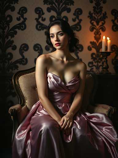 In this captivating photograph, a young woman, likely in her early 20s, is elegantly seated in a luxurious chair. She is adorned in a stunning, low-cut pink dress that accentuates her graceful figure. Her dark hair is styled in a sophisticated updo, with soft curls cascading down the sides of her face. Her makeup is meticulously applied, featuring bold red lipstick that adds a touch of glamour to her serene expression. She gazes thoughtfully to the left, her hands gently clasped in her lap, exuding a sense of poise and contemplation.

The chair she sits on is a masterpiece of craftsmanship, with a rich brown frame and plush, light brown cushions that envelop her in comfort. Behind her, the wall is adorned with intricate black designs that resemble delicate vines, adding an air of elegance to the setting. To her right, a table holds a candelabra with three lit candles, casting a warm, inviting glow that enhances the intimate atmosphere of the scene.