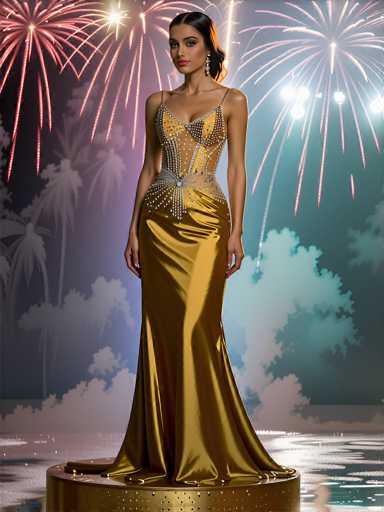 This image features a stunning, AI-generated depiction of a woman standing on a golden, circular platform. The woman is adorned in a long, flowing gold dress that elegantly drapes around her feet. The dress is intricately designed with a corset-style top, which is embellished with numerous small, sparkling diamonds. The corset is structured with a series of horizontal and vertical lines, adding to the dress's intricate detailing. The dress is further accentuated by a large, silver belt buckle that sits prominently at the waist, adding a touch of grandeur to the ensemble.

The woman's appearance is equally captivating. She has dark, almost black hair, which is styled to perfection. Her face is adorned with makeup, featuring striking red lips and dark, expressive eyes. She wears long, dangling earrings that add to her elegant look. Her posture is poised and graceful, with her hands resting gently at her sides.

The background of the image is a mesmerizing blend of colors and elements. It features a dark blue sky with scattered white clouds, creating a serene yet dramatic backdrop. Adding to the enchanting atmosphere are numerous pink and purple fireworks that burst in the sky, their long, trailing lines adding a sense of magic to the scene. The overall composition is a harmonious blend of elegance, color, and fantasy, creating a visually stunning and captivating image.