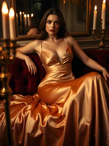 In this captivating image, a woman is seated on a luxurious red velvet couch, exuding elegance and sophistication. She is adorned in a stunning gold dress that features a deep V-neckline, highlighting her cleavage, and is complemented by delicate spaghetti straps. The dress's fabric flows gracefully, adding to her regal appearance. Her long, dark brown hair cascades down, framing her face beautifully. She wears striking red lipstick that accentuates her poised expression. 

Her left arm rests casually on the back of the couch, while her right arm is draped over the armrest, showcasing a ring on her ring finger. A bracelet adorns her left wrist, adding a touch of sparkle. The background is slightly blurred, but a large mirror with an ornate gold frame is visible, reflecting the room's opulent ambiance. On either side of the mirror, elegant candlesticks with gold bases and white candles add a touch of classic charm to the scene. The overall composition captures a moment of serene beauty and timeless grace.